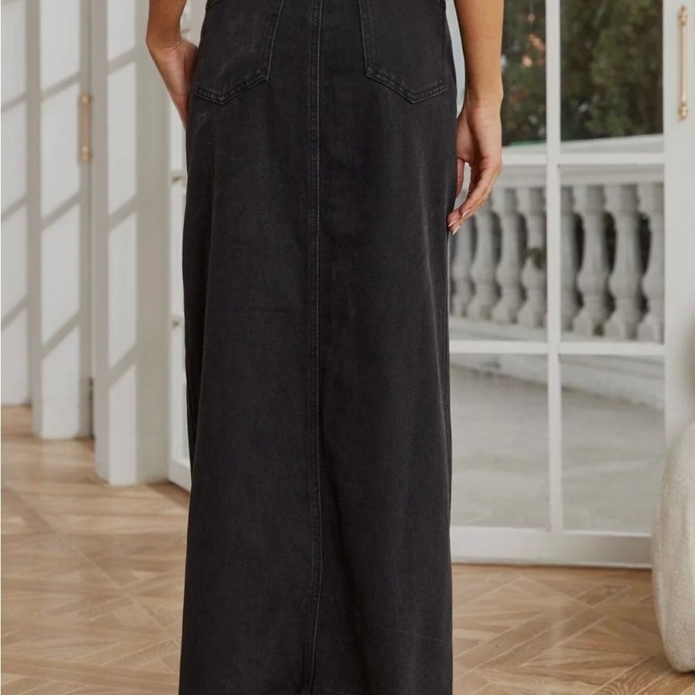 Black Denim Maxi Skirt with Front Slit - Picture 3 of 6